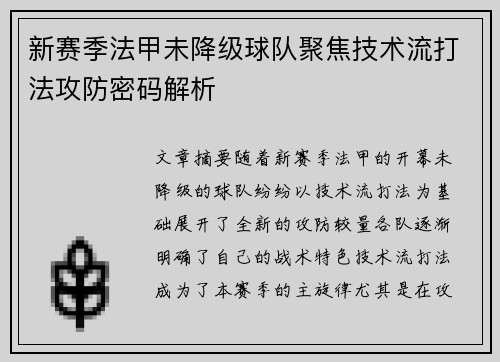 新赛季法甲未降级球队聚焦技术流打法攻防密码解析