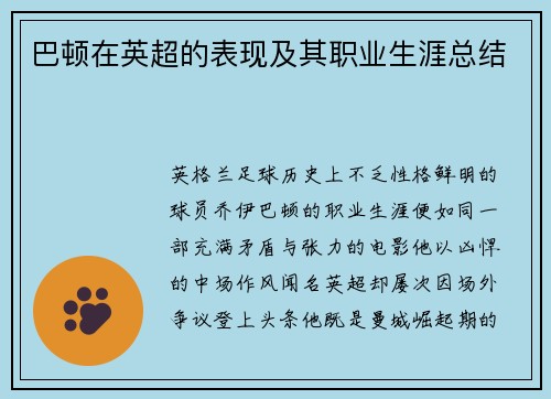 巴顿在英超的表现及其职业生涯总结