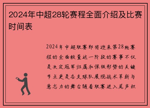 2024年中超28轮赛程全面介绍及比赛时间表